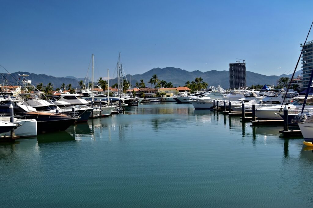 Motor yachts moored at a marina for provisioning